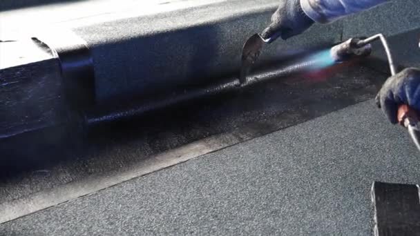 Bitumen roofing, asphalt installation with fire — Stock Footage Bitumen roofing, asphalt installation with fire Royalty Free Stock Footage