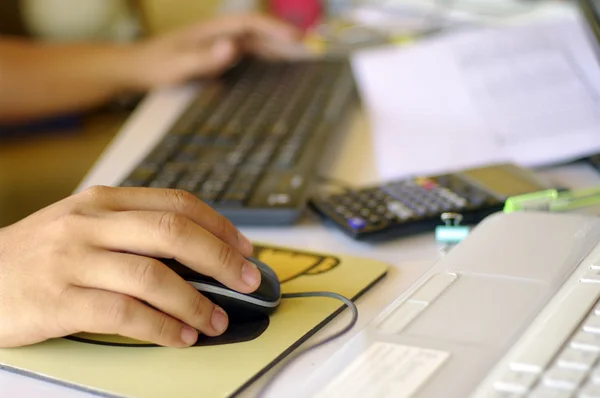 Abstract busy working desk hand and keyboard — Stock Photo, Image