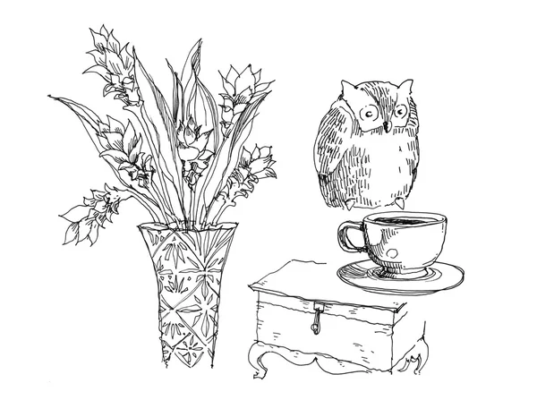 Sowa, wazon, kawa i klatki piersiowej — Zdjęcie stockowe