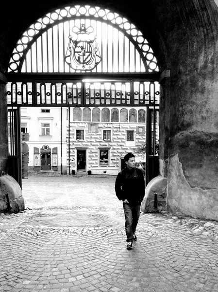 Tourist at European castle — Stock Photo, Image