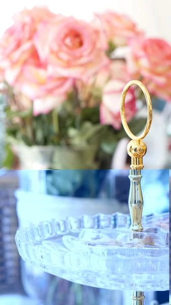 Brownie on gold glass tier with  roses — Stock Photo, Image