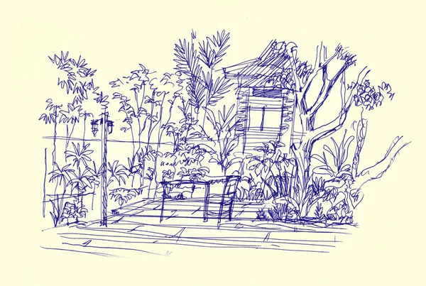 在热带树木的花园露台 — 图库照片