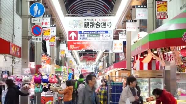Tourist walking in Kuromon fish market — Stock Video