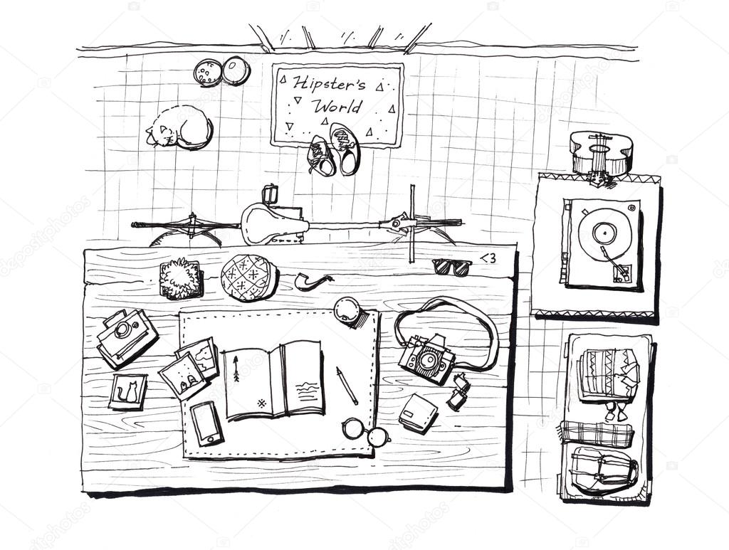 Hipster scene of house set illustration hand drawn elements