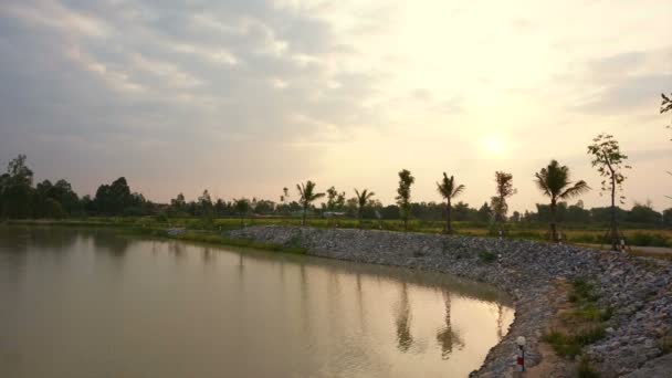 Схід сонця в озері з пальмами — стокове відео