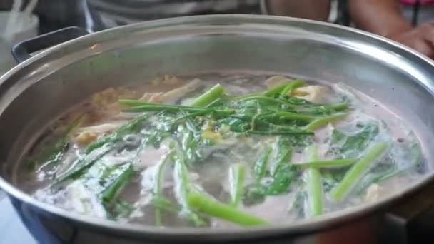 Горшок овощного и мясного супа — стоковое видео