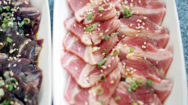Raw beef slices for barbecue or yakiniku