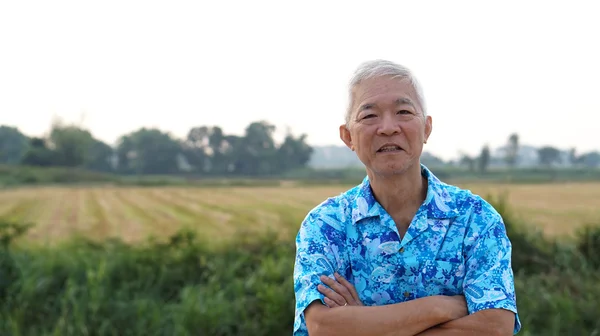 Азиатский мужчина перед рисовым полем — стоковое фото