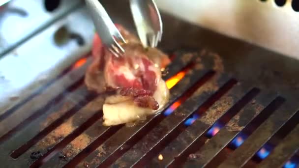 Carne cruda en rodajas a la parrilla — Vídeos de Stock