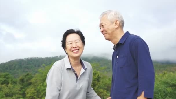 Video of Happy asian senior couple pointing, talking and walk through the park with mountain background — Stock Video