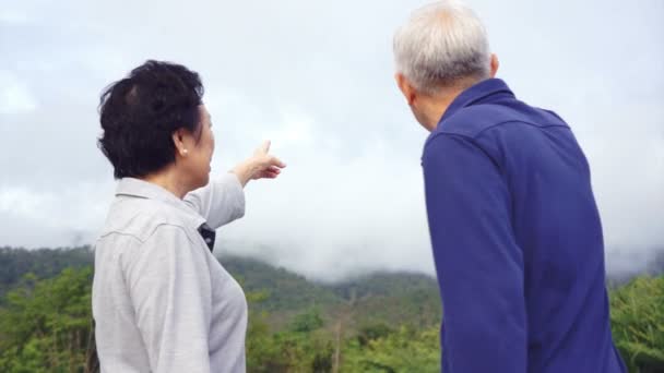 Відео Щаслива азіатська старша пара вказує, розмовляє і йде через парк з гірським фоном — стокове відео