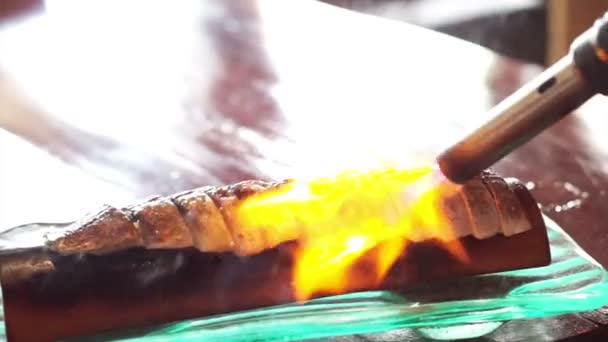 Ogień z grilla marynowane makreli, yaki saba Sashimi, japoński żywności — Wideo stockowe