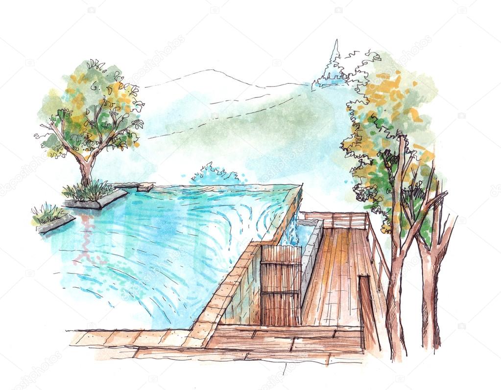 swimming pool infinity edge water colour illustration