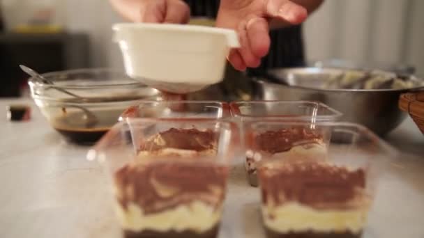 Пыль из торта тирамису с помощью порошкового какао — стоковое видео