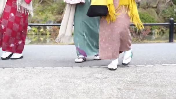 Japanese girls wear kimono parasol and geta Japan sandal footwear — Stock Video