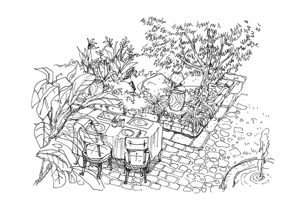 Dining settiing in the garden scene hand drawing illustration — Stock Photo, Image