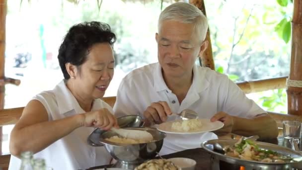 Азіатський старший немолода пара говорити піклуватися про один одного в час їжі — стокове відео