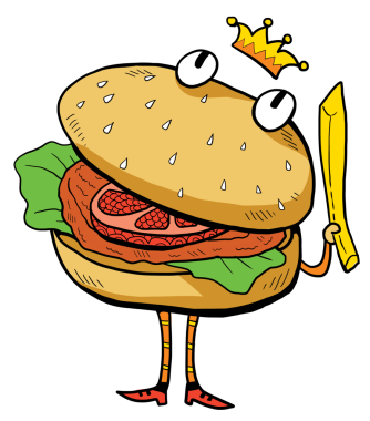 Hamburge çizgi film karakteri çizimi nazik taç ve patates kızartması