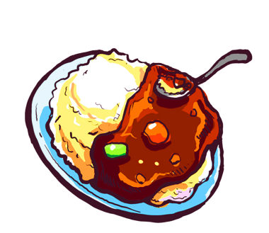 Japon yemeği köri pilavı ve kaşık kepçeli dijital illüstrasyon çizimi