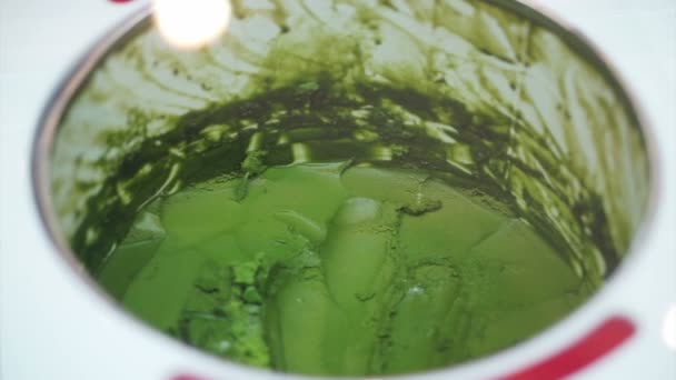 Gros plan de la crème glacée au thé vert étant ramassé à la main et les tests — Video