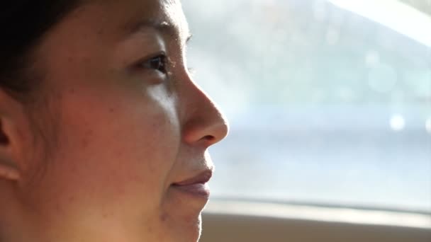 Hermosa joven mujer asiática sonriendo cara lateral con el sol brillo de la luz de fondo. Fondo de ventana del coche con espacio de copia — Vídeos de Stock