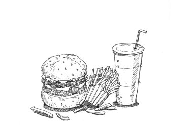 Hamburger yangınlar ve soda el illüstrasyon ayarla