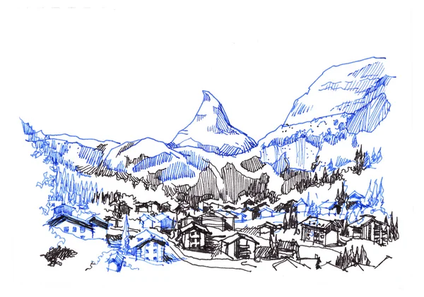 Matterhorn zermatt grön stad hand ritning skiss illustration — Stockfoto