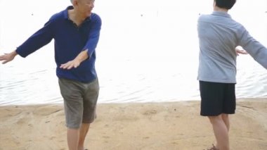 Asya kıdemli yaşlı çiftin pratik Taichi, Qi Gong egzersiz gölün yanındaki açık video