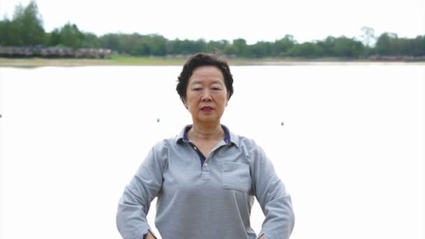 Видео азиатской практики пожилых людей Taichi, Qi Gong упражнения на открытом воздухе рядом с озером — стоковое видео