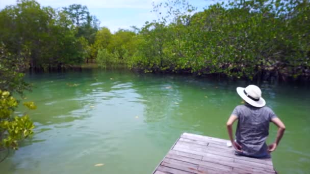 Vídeo da menina asiática vestindo chapéu se senta em um pequeno cais ao lado da floresta intertidal — Vídeo de Stock