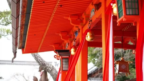 Asian Japanese girl praying at red shinto temple with bell — Stock Video