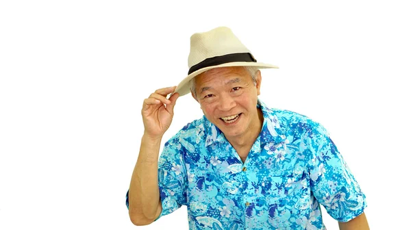 Asiatiska senior kille på blue hawaii skjorta bär hatt redo för holi — Stockfoto