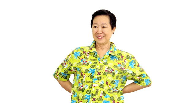 Asian senior woman smile on green hawaii shirt white isolate bac — Stock Photo, Image