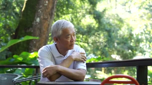 Asian senior guy thinking and worry in green lush nature background — Stock Video