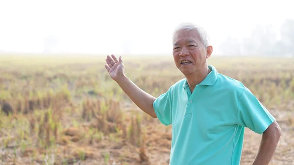 Счастливый азиатский старший современный фермер улыбается перед хард-ром — стоковое фото