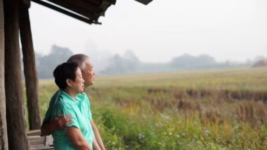 Asya kıdemli iki pirinç alanının yanındaki çardak oturuyor. Çiftlik ve tarım iş