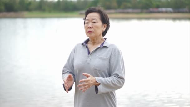 Vidéo de la pratique des personnes âgées asiatiques Taichi, Qi Gong exercice en plein air près du lac — Video