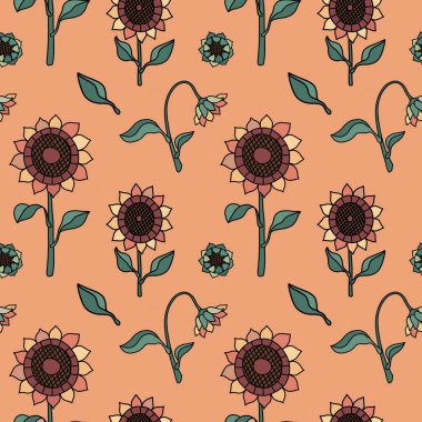 Ayçiçekleri, tohumlar ve yapraklarla renklendirilmiş kusursuz desen.