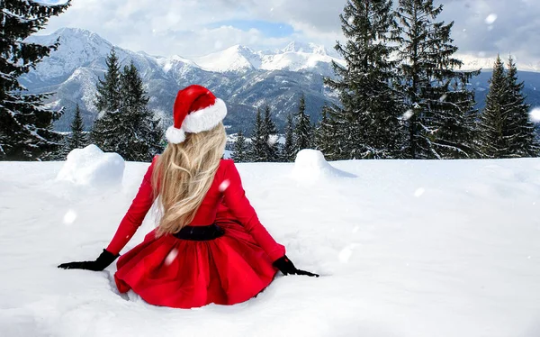 God Jul Vacker Sexig Blond Kvinna Röd Klänning Och Santa — Stockfoto