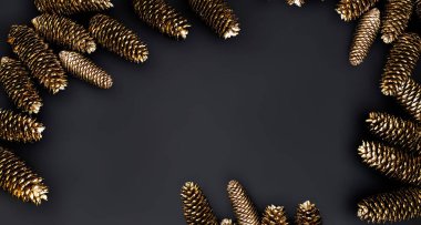 Sonbahar minimalisti ve basit kompozisyonu siyah ve altın renginde. Kış dekoru, siyah arka planda altın madalyalar. Düz konum, kopyalama alanı olan üst görünüm. Sonbahar kış arkaplanı.