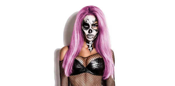 Donna Nel Silenzio Halloween Donna Sexy Cilindro Cranio Compongono Trucco — Foto Stock