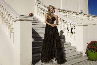 Parlak siyah balo elbisesi ve elmas tacıyla şık bir kadın lüks saray merdivenlerinde duruyor.