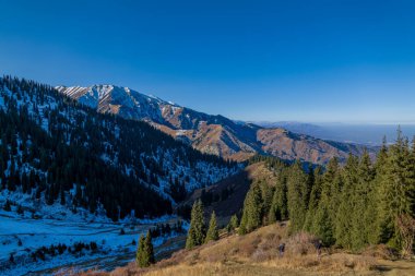 Kazakistan 'ın Alamty şehri yakınlarındaki Tian-Shan dağında harika güneşli bir gün. 