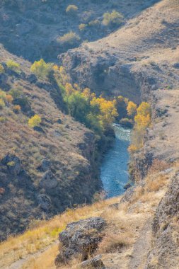 Sonbahar mevsiminde dağ nehri manzarası, seyahat kavramı 