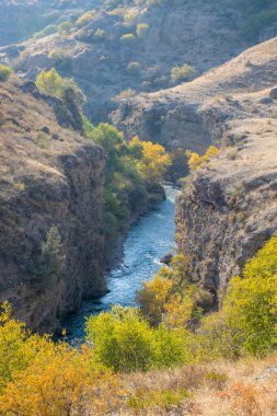 Sonbahar mevsiminde dağ nehri manzarası, seyahat kavramı 