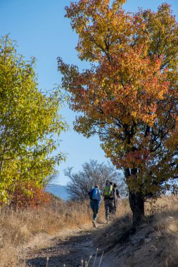 Aksu-Zhabagly, Kazakistan - Ekim 2020: Turistler Kazakistan 'ın güneyindeki Aksu-Zhabagly Nature Reserve' de Aksu Kanyonu 'nda yürüyüş yaptılar 