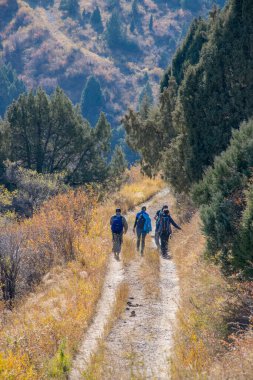 Aksu-Zhabagly, Kazakistan - Ekim 2020: Turistler Kazakistan 'ın güneyindeki Aksu-Zhabagly Nature Reserve' de Aksu Kanyonu 'nda yürüyüş yaptılar 