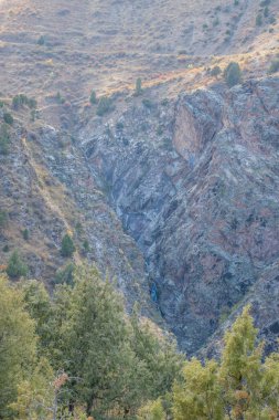 Kazakistan dağlarının gündüz, sonbahar mevsimi, seyahat konsepti manzarası   