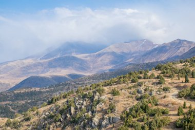 Kazakistan dağlarının gündüz, sonbahar mevsimi, seyahat konsepti manzarası   