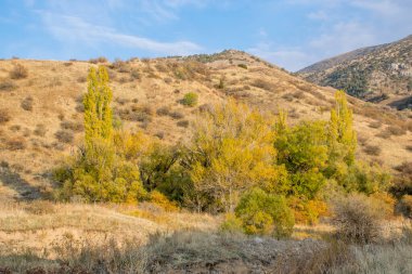 Kazakistan dağlarının gündüz, sonbahar mevsimi, seyahat konsepti manzarası   